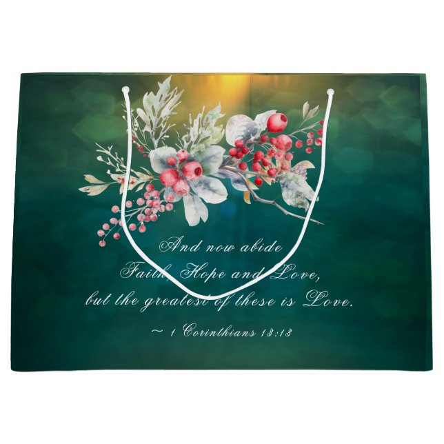 Elegant Winter Floral on Green Bible Wedding  Large Gift Bag (Front)