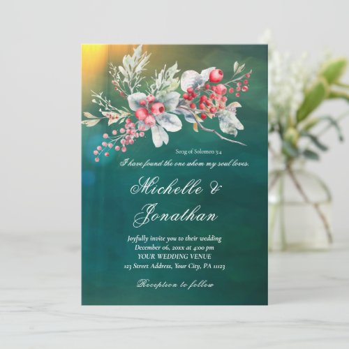 Elegant Winter Floral on Green Christian Wedding Invitation