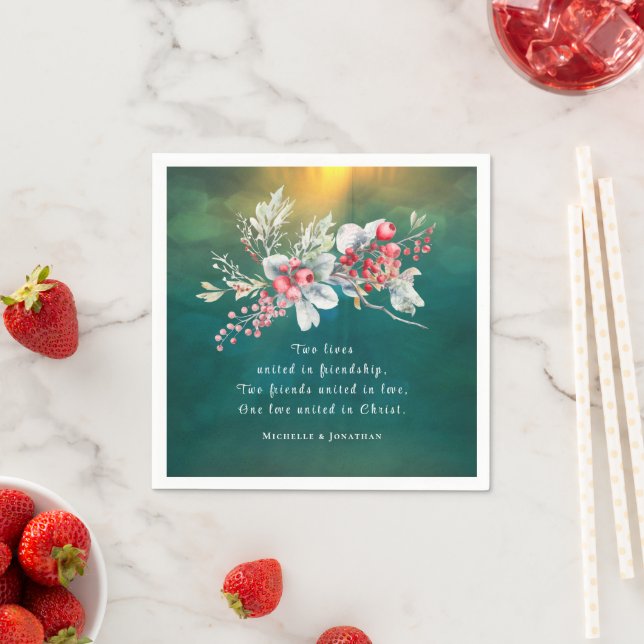 Elegant Winter Floral on Green Christian Wedding Napkins (Insitu)
