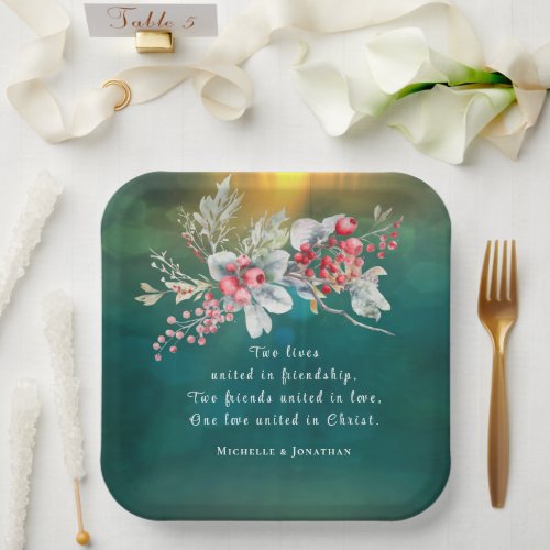 Elegant Winter Floral on Green Christian Wedding  Paper Plates