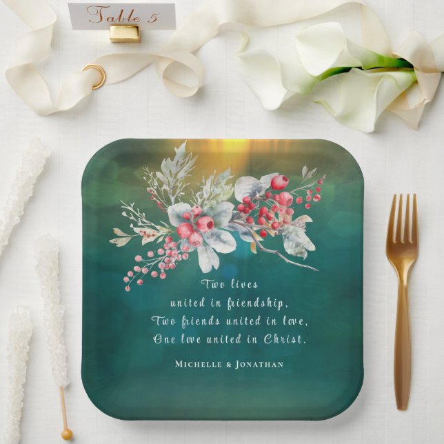 Elegant Winter Floral on Green Christian Wedding  Paper Plates (Wedding)