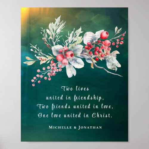Elegant Winter Floral on Green Christian Wedding Poster