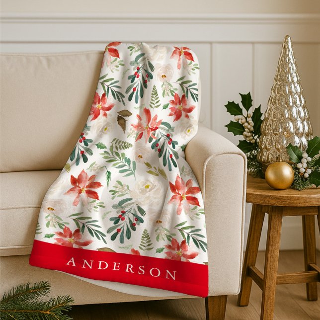 Elegant Winter Floral Personalized Holiday Fleece Blanket (Creator Uploaded)