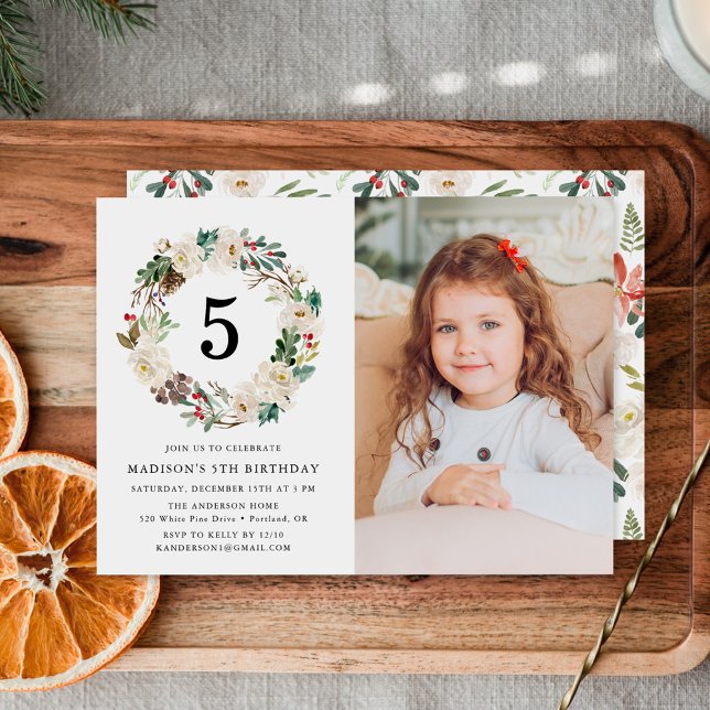 Elegant Winter Floral Photo Birthday Party Invitation (Creator Uploaded)