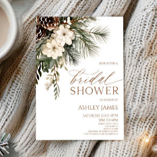 Elegant Winter Floral Pine Trees Bridal Shower Invitation