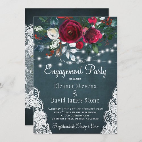 Elegant winter floral rustic engagement party invitation