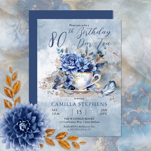 Elegant Winter Floral Teacup 80th Birthday Par_Tea Invitation
