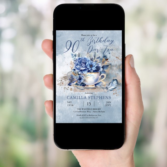 Elegant Winter Floral Teacup 90th Birthday Par-Tea Invitation (Front Digital)