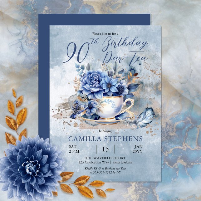 Elegant Winter Floral Teacup 90th Birthday Par-Tea Invitation (Create a magical birthday celebration with this beautiful blue winter floral teacup and bird design.)