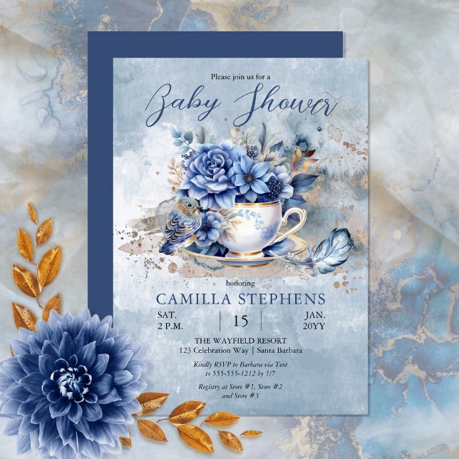 Elegant Winter Floral Teacup Baby Shower Invitation (Create a magical baby celebration with this beautiful blue winter floral teacup and bird design.)