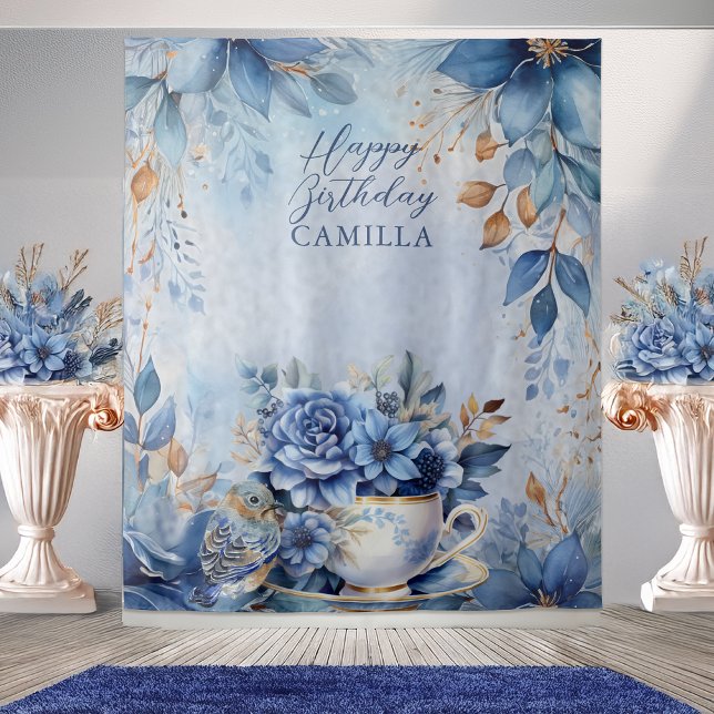 Elegant Winter Floral Teacup Birthday Par-Tea Tapestry (Elegant Winter Floral Teacup with Feather and Bird Happy Birthday Extra Large Backdrop)