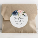 Elegant Winter Floral Thank You Wedding Favor Classic Round Sticker<br><div class="desc">This elegant winter floral thank you wedding favor classic round sticker is perfect for a modern wedding. The design features beautiful hand-painted dark blue, blue, navy, pink , blush, gold flowers and green foliage, bunched into elegant bouquets. Make the sticker labels your own by including your names, the event (if...</div>