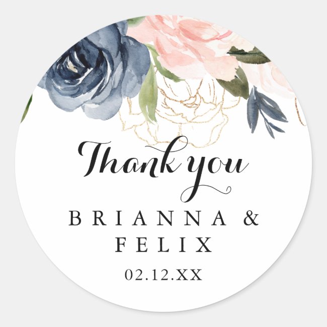 Elegant Winter Floral Thank You Wedding Favor Classic Round Sticker