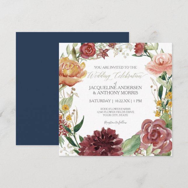 Elegant Winter Floral Wedding Navy Red Blush Roses Invitation (Front/Back)