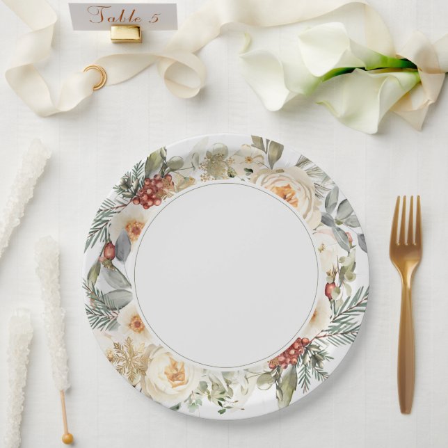 Elegant Winter Floral Wedding Paper Plates (Wedding)