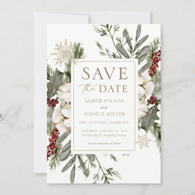 Elegant Winter Floral Wedding Save the Date Invitation (Front)