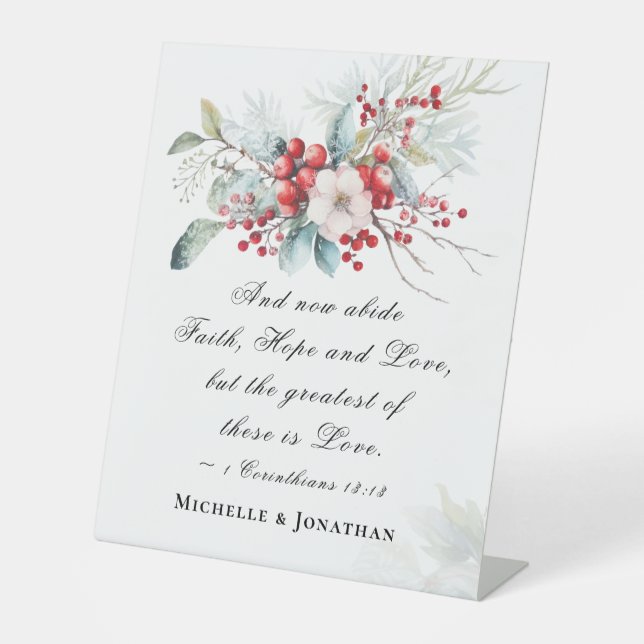 Elegant Winter Floral Wedding Scripture Christian Pedestal Sign (Front)