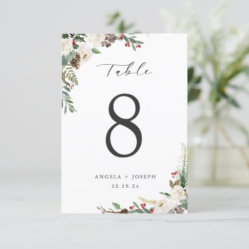 Elegant Winter Floral Wedding Table Number Card