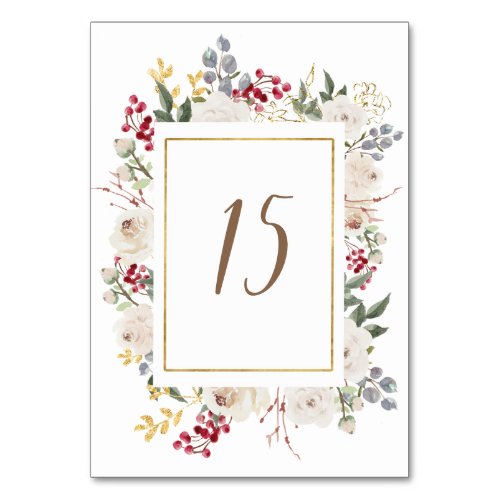 Elegant Winter Floral White Roses Red Berries Table Number