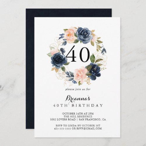 Elegant Winter Floral Wreath 40th Birthday Party Invitation