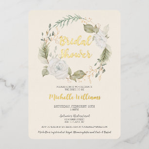 Elegant Winter Floral Wreath Bridal Shower Foil Invitation