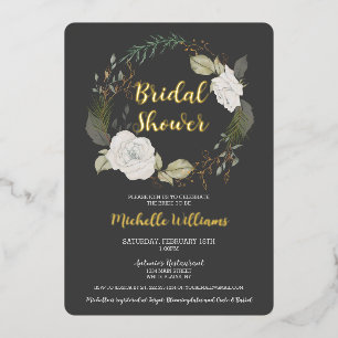 Elegant Winter Floral Wreath Bridal Shower Foil Invitation