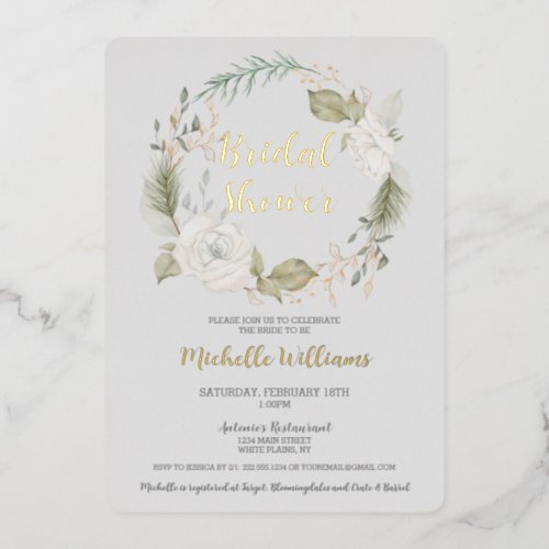 Elegant Winter Floral Wreath Bridal Shower Foil Invitation