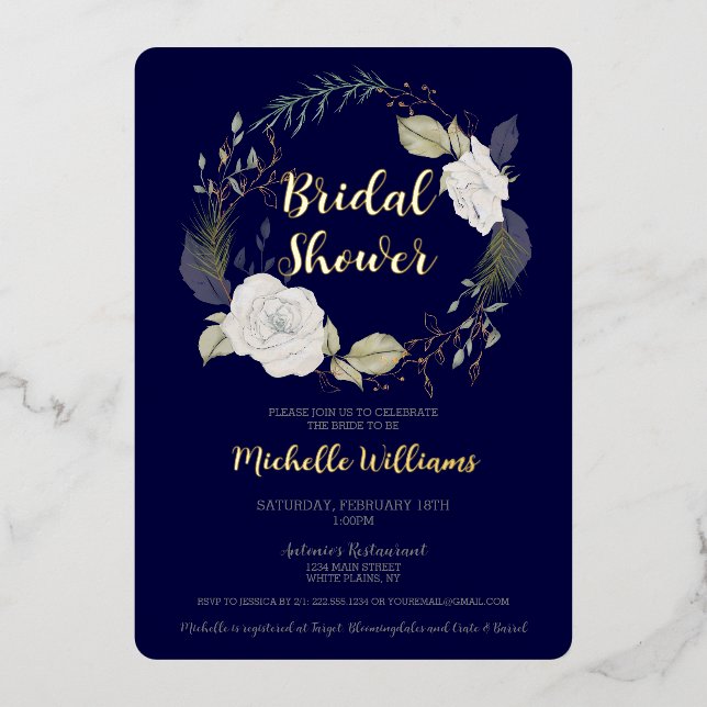 Elegant Winter Floral Wreath Bridal Shower Foil Invitation (Front)