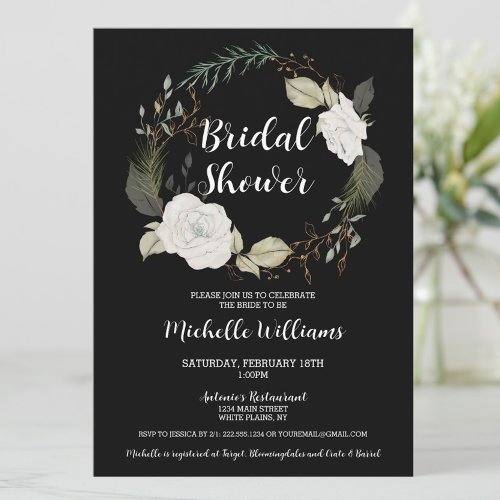 Elegant Winter Floral Wreath Bridal Shower Invitation