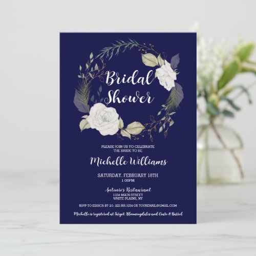 Elegant Winter Floral Wreath Bridal Shower Invitation