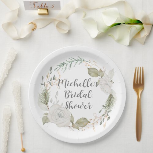 Elegant Winter Floral Wreath Bridal Shower Paper Plates