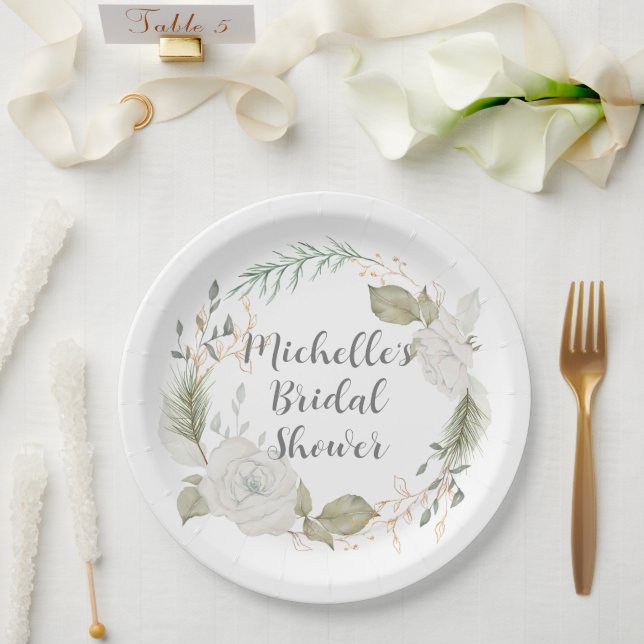 Elegant Winter Floral Wreath Bridal Shower Paper Plates (Wedding)