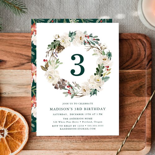 Elegant Winter Floral Wreath Green Birthday Party Invitation