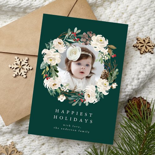Elegant Winter Floral Wreath Green Photo Holiday Card