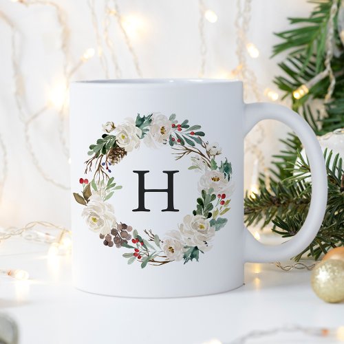 Elegant Winter Floral Wreath Monogram Holiday Coffee Mug