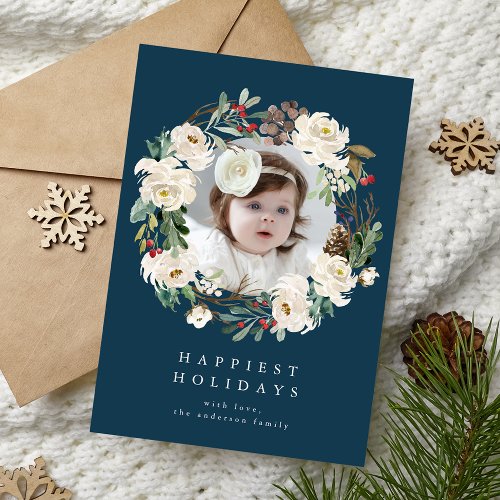 Elegant Winter Floral Wreath Navy Photo Holiday Card
