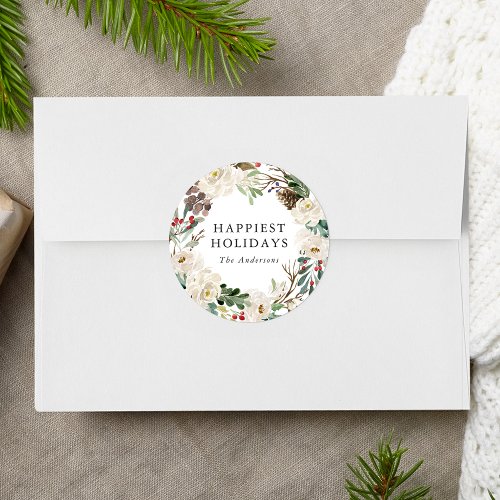 Elegant Winter Floral Wreath Personalized Holiday Classic Round Sticker