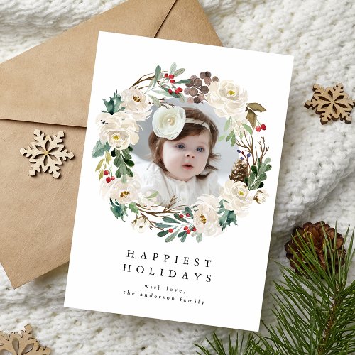 Elegant Winter Floral Wreath Photo Holiday Card