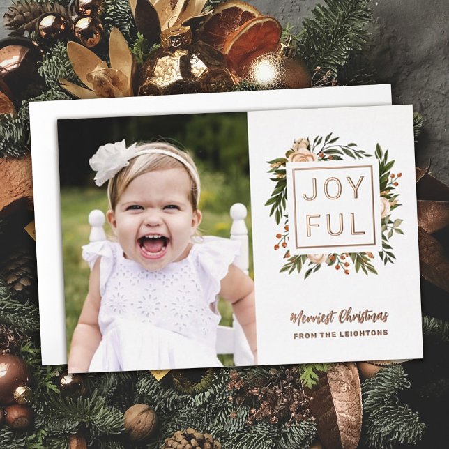 Elegant Winter Florals | Joyful Photo Christmas    Foil Holiday Card (Creator Uploaded)