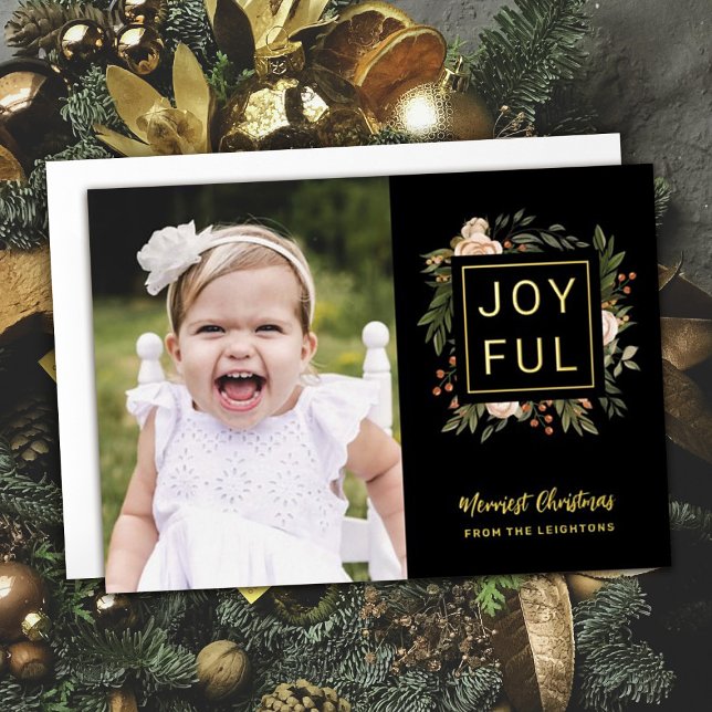 Elegant Winter Florals | Joyful Photo Christmas  Foil Holiday Card (Creator Uploaded)