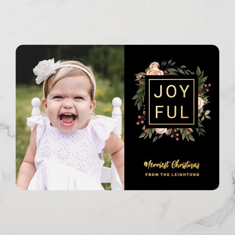 Elegant Winter Florals | Joyful Photo Christmas Foil Holiday Card