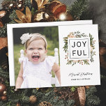 Elegant Winter Florals | Joyful Photo Christmas Holiday Card<br><div class="desc">Send stylish, elegant photo holiday cards to friends and family with this 1 photo flat card. It features a hand painted floral design in dark olive green, terracotta burnt orange, ivory, and peach over a white background (background color can be customized, if desired). The back contains a matching floral pattern...</div>