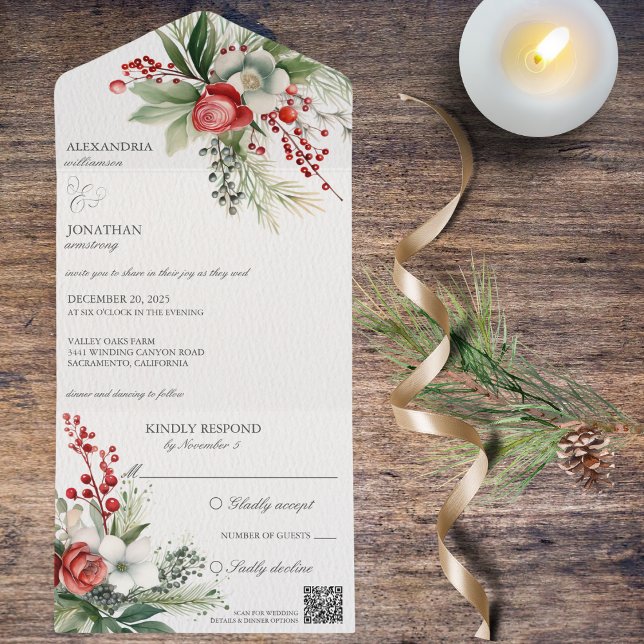 Elegant Winter Flowers, Berries & Pine QR Code All In One Invitation (Also available without QR code. )