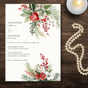 Elegant Winter Flowers, Berries & Pine Wedding Invitation