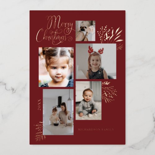 Elegant Winter Foliage 5 Photo Family Collage Foil Holiday Card