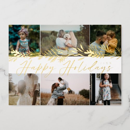 Elegant Winter Foliage 6 Photo Family Collage Foil Holiday Card