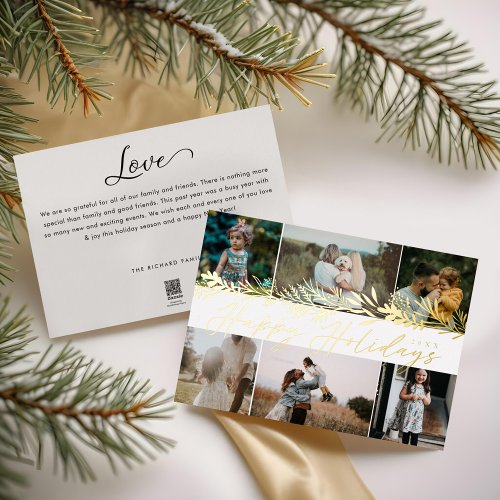 Elegant Winter Foliage 6 Photo Family Collage Foil Holiday Card