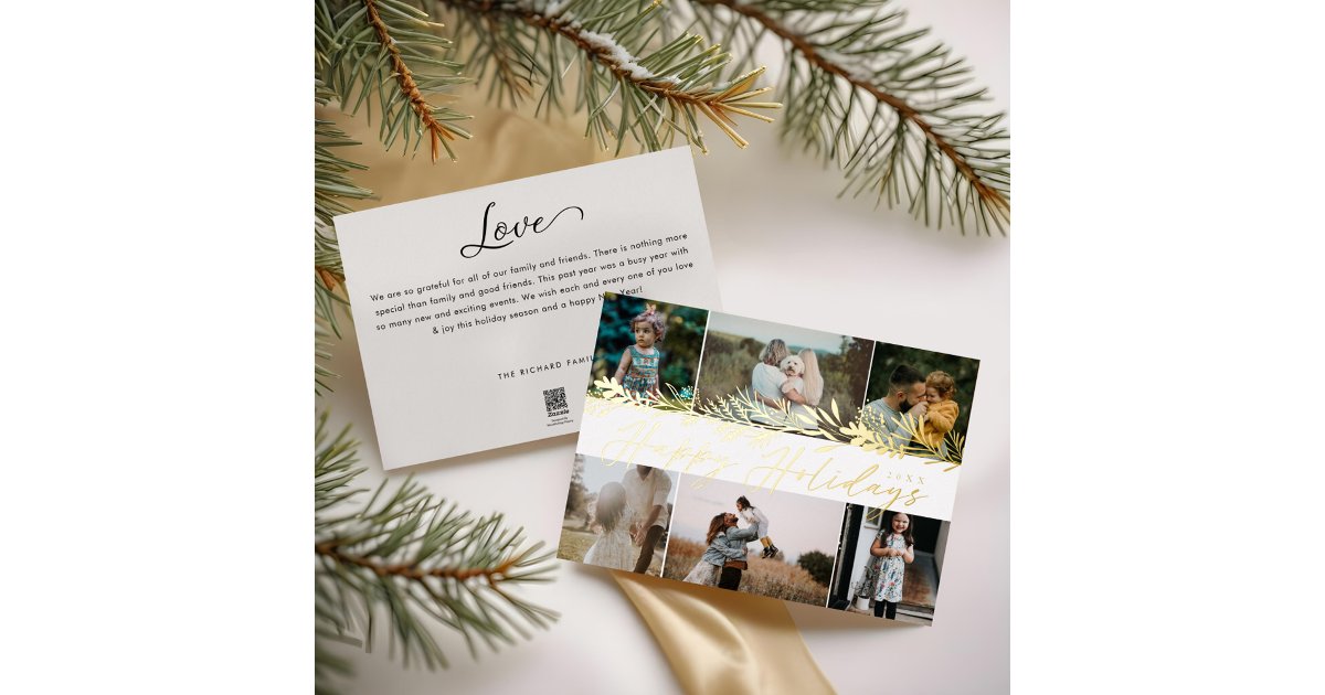 Elegant Winter Foliage 6 Photo Family Collage Foil Holiday Card | Zazzle