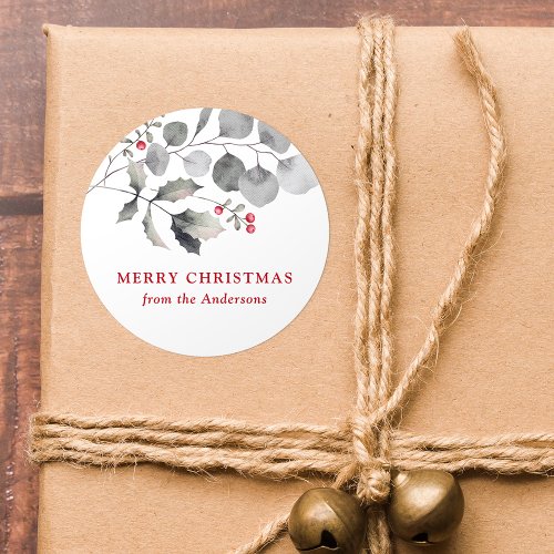 Elegant Winter Foliage and Holly Berries Classic Round Sticker