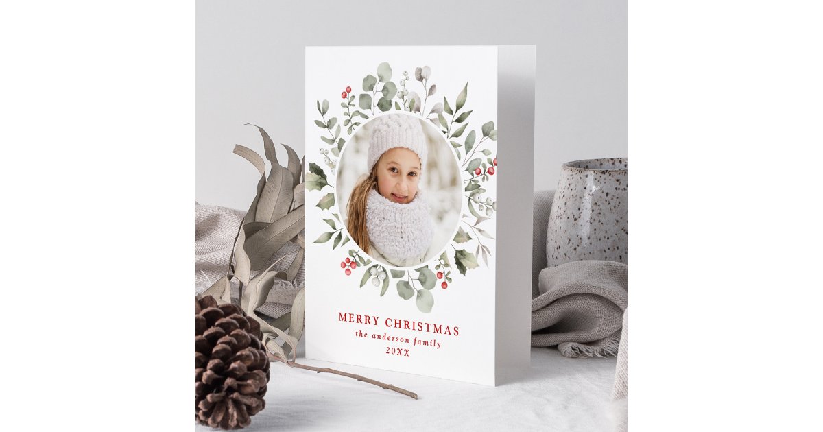Elegant Winter Foliage and Holly Berries Photo Holiday Card | Zazzle